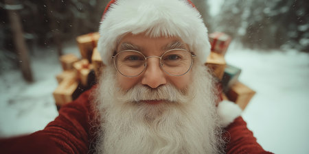 Portrait of Santa Claus with a bag of gifts in his handsの素材