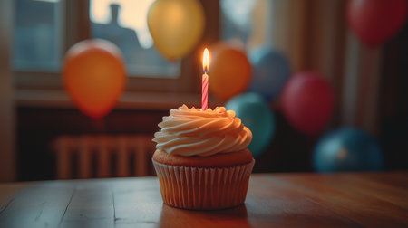 Birthday cupcake with candle on wooden table against blurred background with balloonsの素材