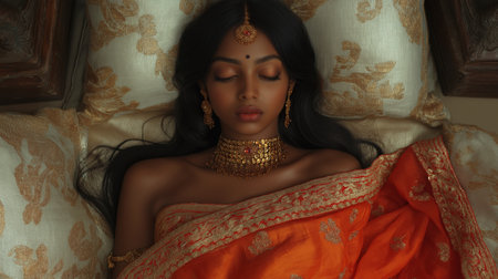 indian woman in orange saree lying on sofa with closed eyesの素材