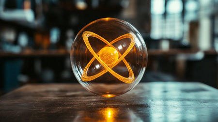 Atom in a glass ball on a dark background. The concept of science and education.の素材