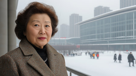 Portrait of an elderly asian woman in a winter day.の素材