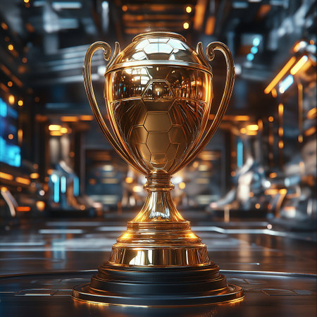 3D rendering of a golden trophy on a pedestal in a dark roomの素材