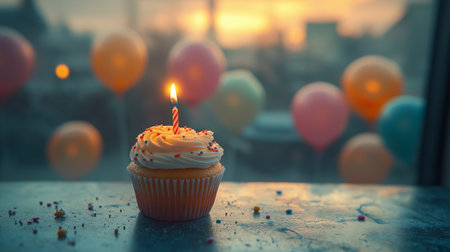 Birthday cupcake with candle on the background of the city.の素材
