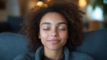 Portrait of a beautiful young african american woman with closed eyesの素材