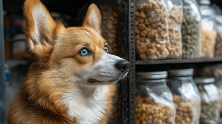 Cute welsh corgi dog with blue eyes in pet shopの素材