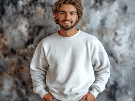 Handsome young man in white sweatshirt posing in studio.の素材