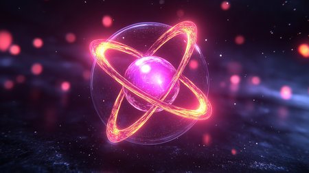 3D illustration of atom in space, computer generated abstract background.の素材