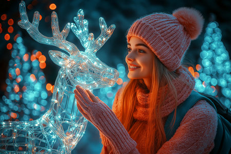 Portrait of a young woman in winter clothes with a deer on a background of Christmas lights.の素材