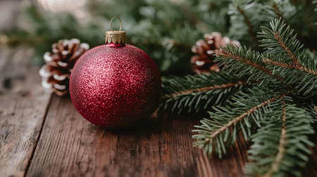Christmas tree branch with red bauble and pine cone on wooden backgroundの素材