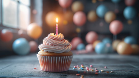 Birthday cupcake with candle on wooden table. Selective focusの素材