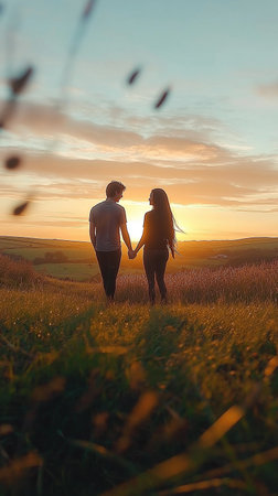 Couple holding hands and looking at the sunset in the field.の素材