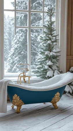 Bathroom interior with blue bathtub, christmas tree and snow covered windowの素材