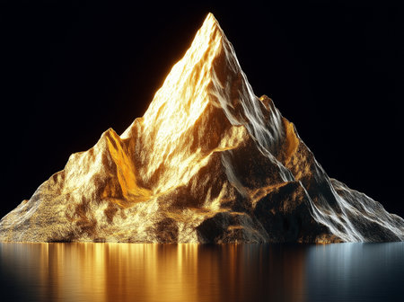 3D illustration of a golden mountain with reflection in the water.の素材