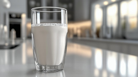 Glass of milk on the table in the kitchen. 3d renderingの素材