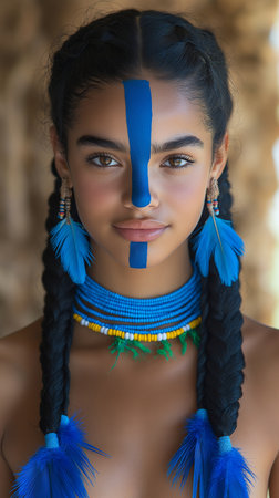 Portrait of a beautiful young woman with blue feathers in her hairの素材