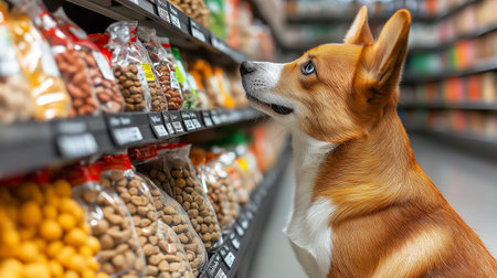 Cute welsh corgi dog looking at food in the supermarketの素材