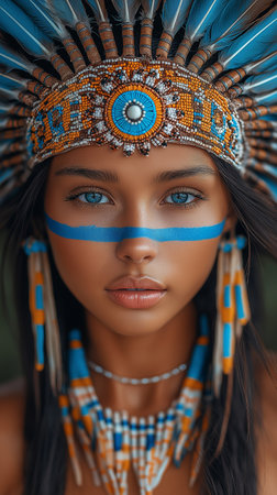 Portrait of a beautiful african american woman with indian headdressの素材