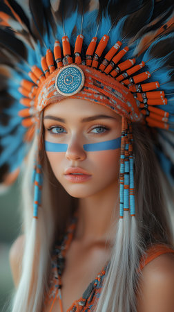 Portrait of a beautiful young woman with blue indian headdressの素材