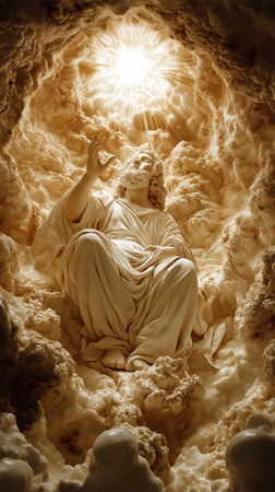 Statue of Jesus Christ in the cave with a shining sun.の素材