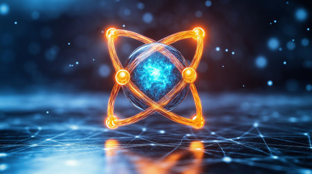 3d illustration of atom with glowing lines and particles on dark backgroundの素材