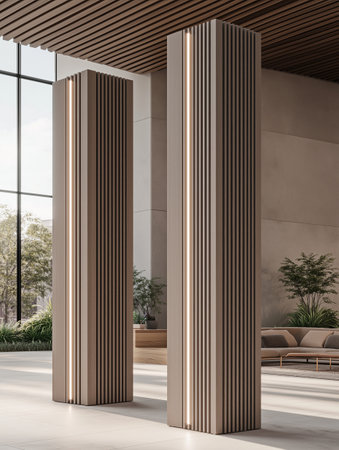 Contemporary office lobby interior with beige walls, tiled floor, beige armchairs and wooden ceiling. 3d renderingの素材