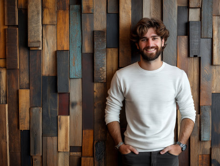Portrait of a handsome young man standing in front of a wooden wallの素材