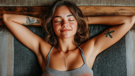 Portrait of a beautiful young woman with tattoos lying in bed.の素材