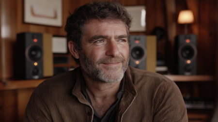 Portrait of smiling mature man sitting at home and looking at cameraの素材