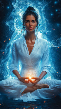 Young beautiful woman meditating in lotus position with magic light.の素材