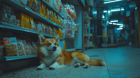 Welsh corgi dog sitting on the floor in the supermarket.の素材