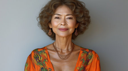 Portrait of beautiful middle-aged woman with short wavy hairの素材