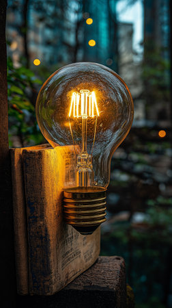 Vintage light bulb on old book with bokeh background.の素材