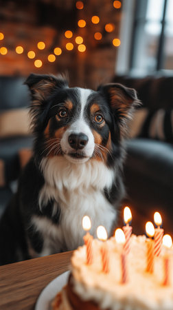 Cute Australian Shepherd dog at birthday cake with burning candles in roomの素材