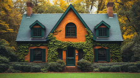 Beautiful old house with green roof in the autumn park. Vintage style.の素材