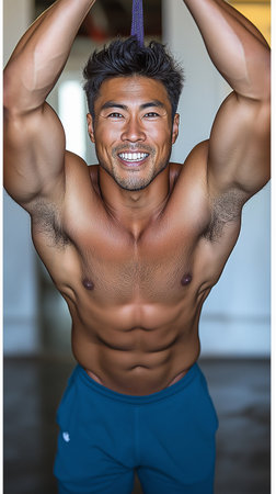 Portrait of a smiling young man doing pull ups in fitness studioの素材