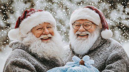 Portrait of happy senior couple in Santa Claus hats and sweaters standing in winter forest.の素材