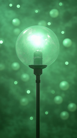 Light bulb on green bokeh background, 3D illustration.の素材