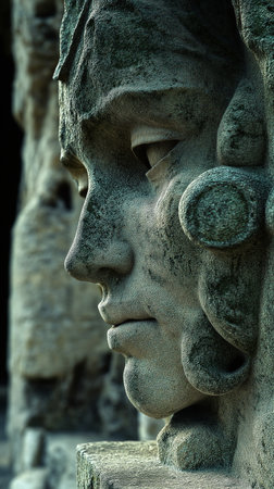 Close-up of the face of an ancient stone statue in Baliの素材