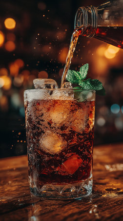 Cuba libre is poured into a glass with ice cubes.の素材