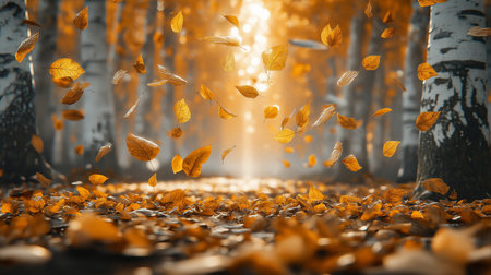 Falling autumn leaves in the forest. 3d render illustration.の素材