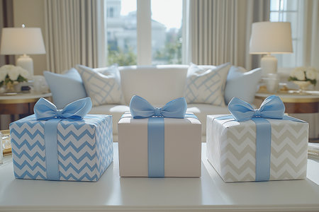 Two gift boxes on the white table in the living room at homeの素材