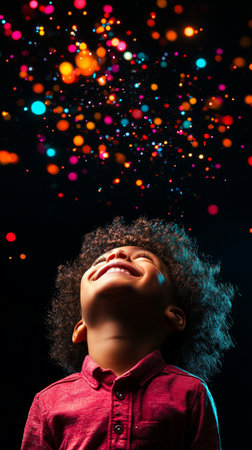 african american girl with curly hair and colorful lights on blackの素材