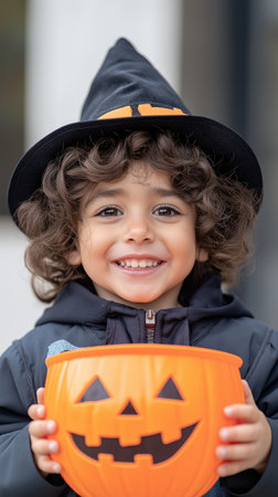 Portrait of cute little boy in halloween costume with pumpkinの素材