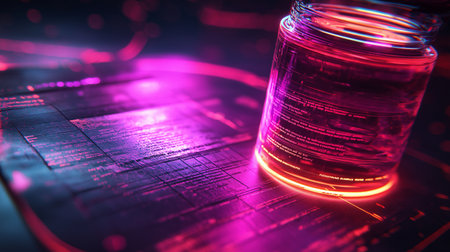 3D rendering of a scientific experiment in a laboratory with blue and pink lightの素材