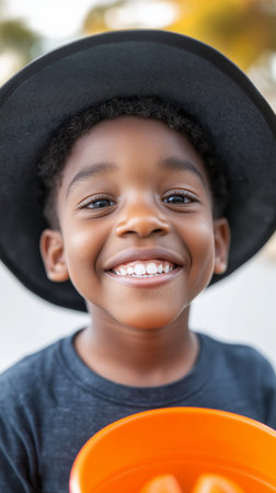 cheerful african american boy in black hat and tangerine in bowlの素材