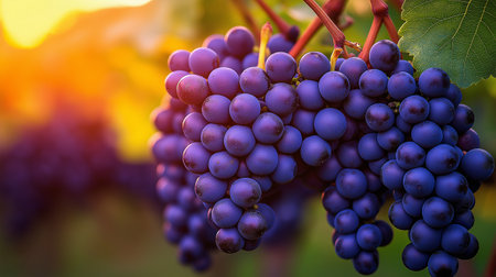 Bunch of grapes on vineyard in sunset light. Nature backgroundの素材