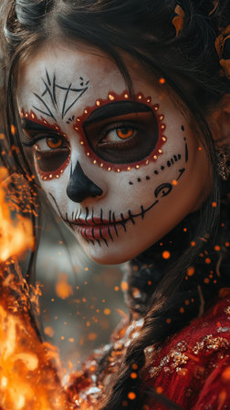 Portrait of beautiful young woman with sugar skull makeup on her faceの素材