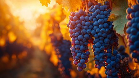 Ripe grapes in vineyard at sunset. Tuscany, Italyの素材