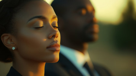 Close-up portrait of beautiful african american businesswoman with closed eyes.の素材