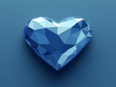 Blue crystal heart on blue background. 3d render. Computer digital drawing.の素材